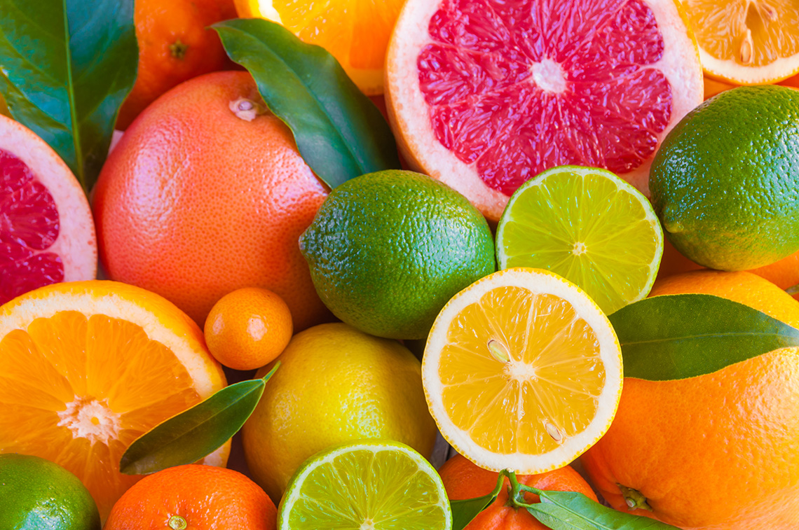 Fresh citrus fruits arranged beautifully